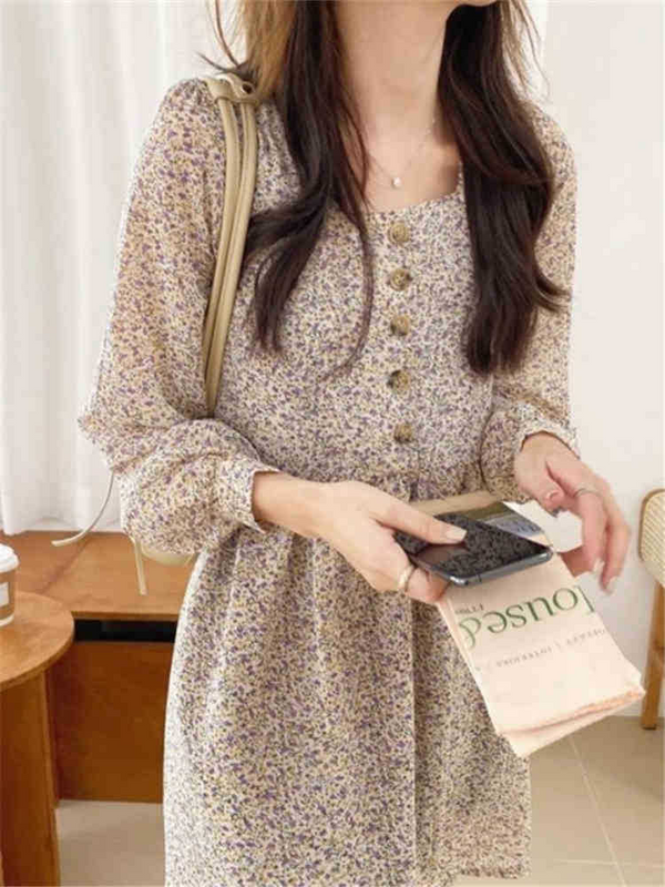 スクエアネックシフォンワンピース