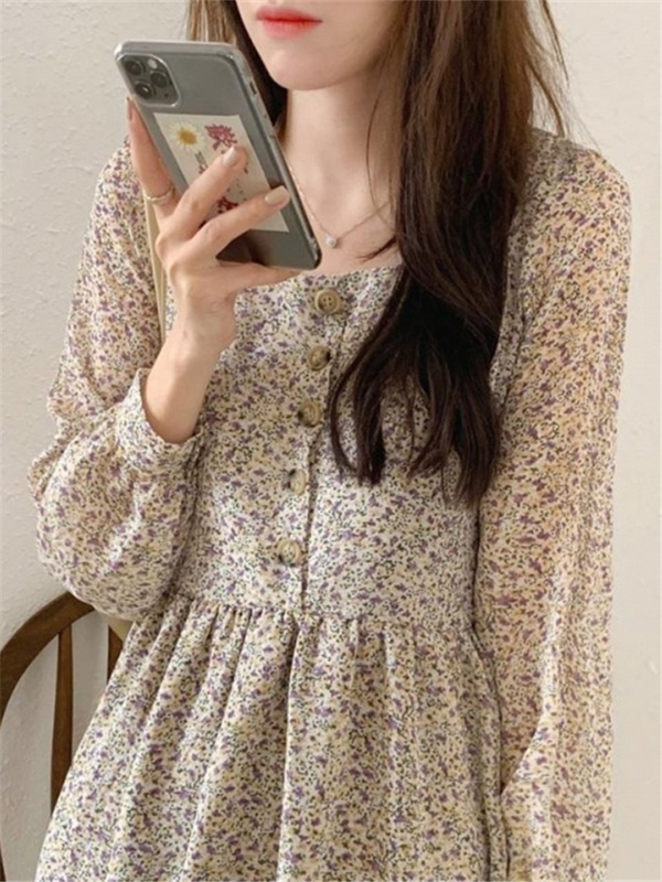 スクエアネックシフォンワンピース