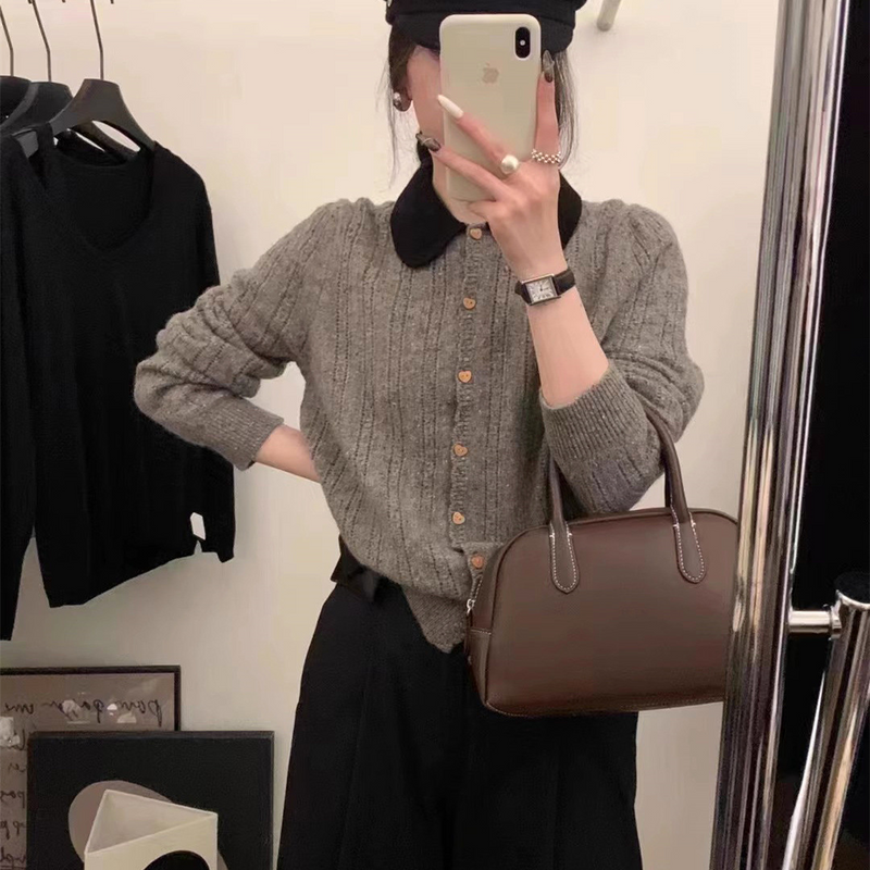 丸襟ツートンカラーカーディガン