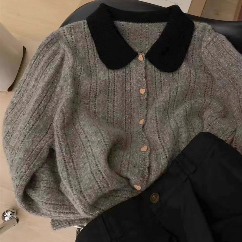 丸襟ツートンカラーカーディガン