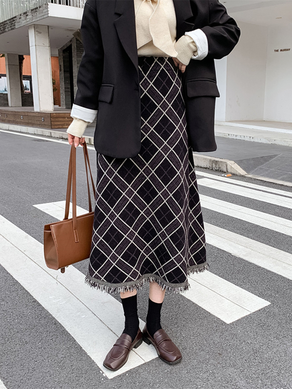 フリンジチェックロングスカート