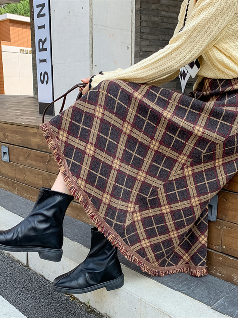 フリンジチェックロングスカート
