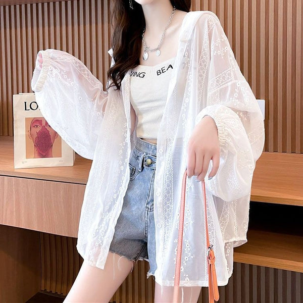 dolce ホワイト フード付き　シースルーパーカー シースルーレースパーカー｜レディース服通販専門店のミニュ（minew）
