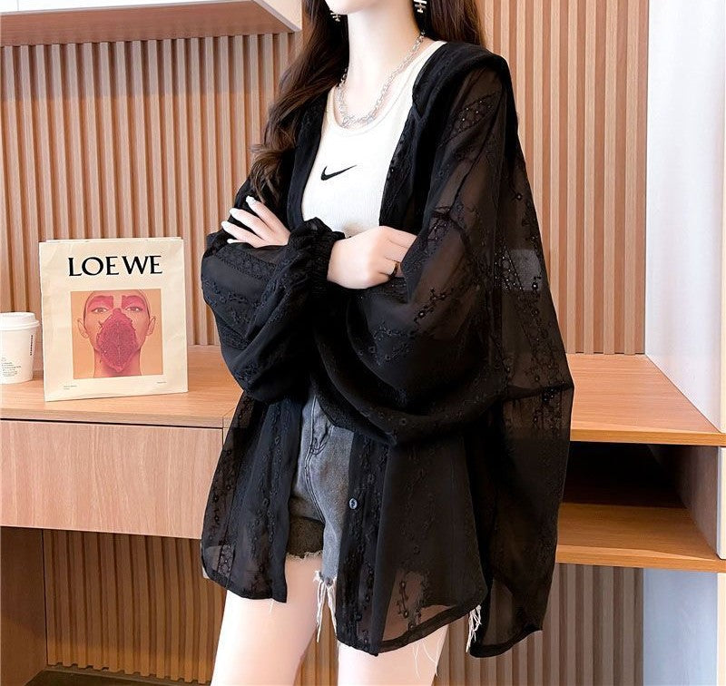 Vintage レース シースルー フーディー パーカー 黒 モード シースルーレースパーカー｜レディース服通販専門店のミニュ（minew）